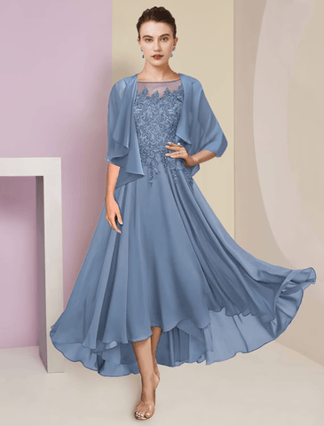 Zweiteiliges A-Linien-Kleid für die Mutter der Braut, formelle Hochzeitsgäste, eleganter hoher und niedriger U-Ausschnitt, asymmetrische knielange Chiffonspitze, kurze Ärmel, Wickelkleid inklusive Pailletten-Applikationen