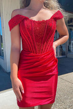 Vestidos Lindos Rojos de Satén para el Baile de Bienvenida con Hombros Descubiertos y Encaje