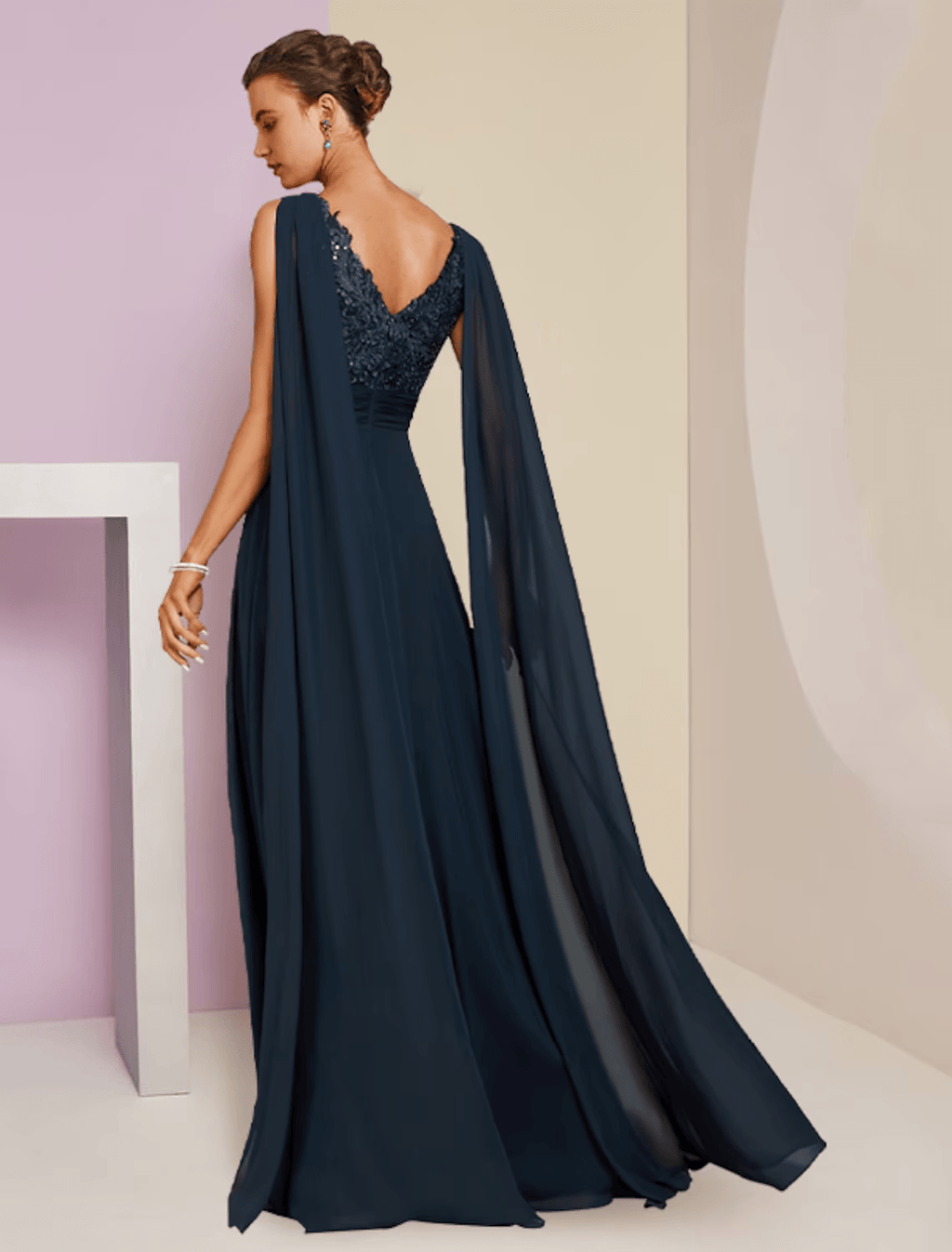 Vestido de festa formal para mãe da noiva, decote em V, comprimento até ao chão, chiffon, renda, sem mangas, com pregas, lantejoulas