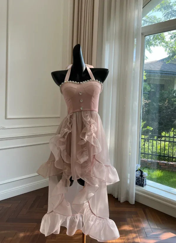 Einfaches Homecoming-/Partykleid mit Halter, rosa Tüll, Perlenbesatz, High-Low-Rüschen Y8582