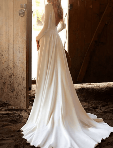 Hall Casual Brautkleider Kapelle Schleppe A-Linie Langarm V-Ausschnitt Baumwollmischung mit Falten Volltonfarbe