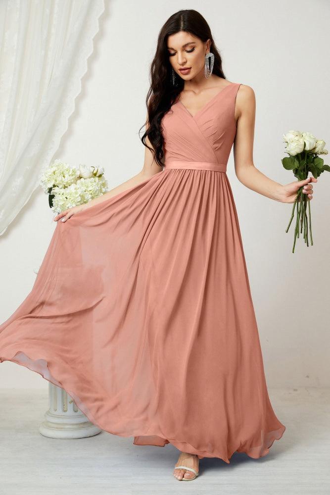 Vestido de dama de honor largo de gasa para mujer, línea A sin mangas, vestido formal de baile de graduación para fiesta nocturna, vestido de regreso a casa 2808
