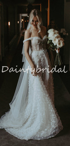 Einfache Vintage Off-Shoulder Mermaid Spitze Durchsichtige Lange Brautkleider Abendkleider.DB10710