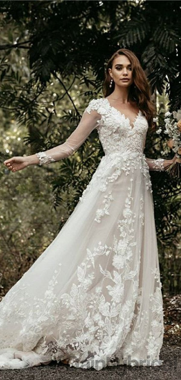 Gogerous V-neck Tulle With Appliques Open Back Wedding Dresses,DB10266