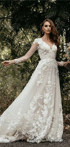 Gogerous V-neck Tulle With Appliques Open Back Wedding Dresses,DB10266