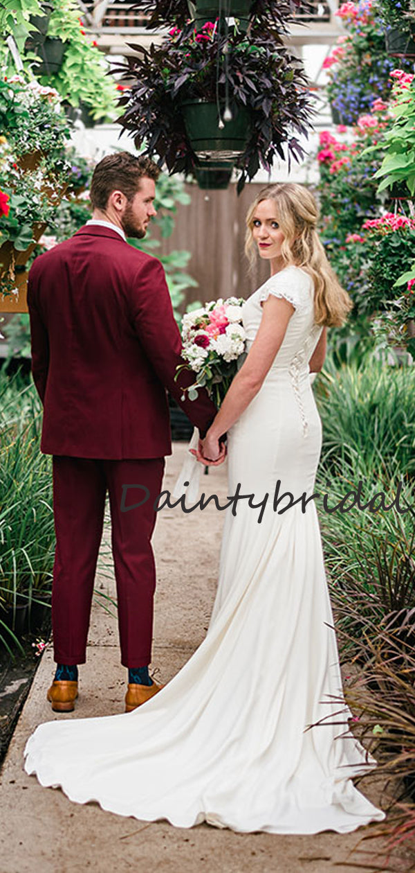 Vestidos de noiva compridos, sensuais, com decote em V, sereia, manga curta, com atilhos nas costas, DB10681