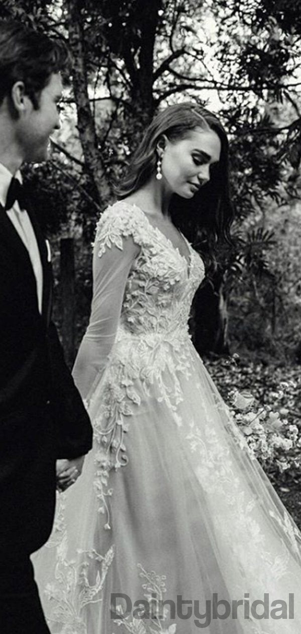 Gogerous V-neck Tulle With Appliques Open Back Wedding Dresses,DB10266