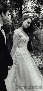 Gogerous V-neck Tulle With Appliques Open Back Wedding Dresses,DB10266