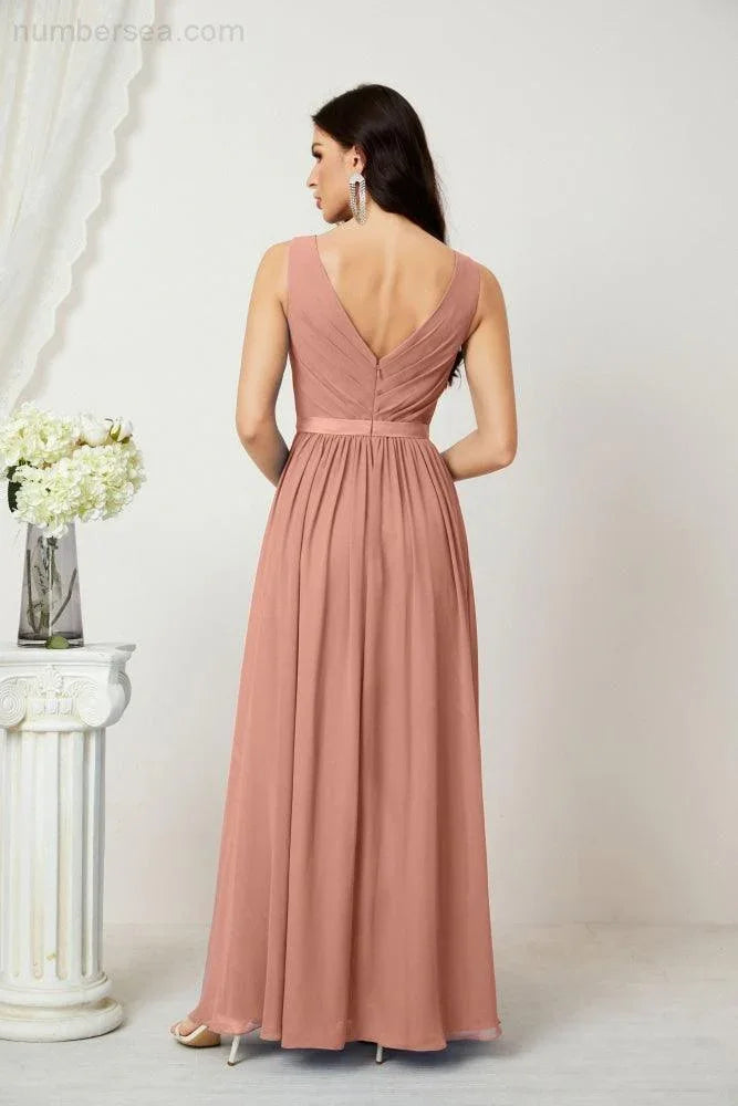 Abito da Sera Donna in Chiffon Lungo per Damigelle, Scollato, Senza Maniche, Linea A, per Feste Serali, Ballo di Fine Anno e Homecoming, Modello 2808