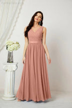 Abito da Sera Donna in Chiffon Lungo per Damigelle, Scollato, Senza Maniche, Linea A, per Feste Serali, Ballo di Fine Anno e Homecoming, Modello 2808