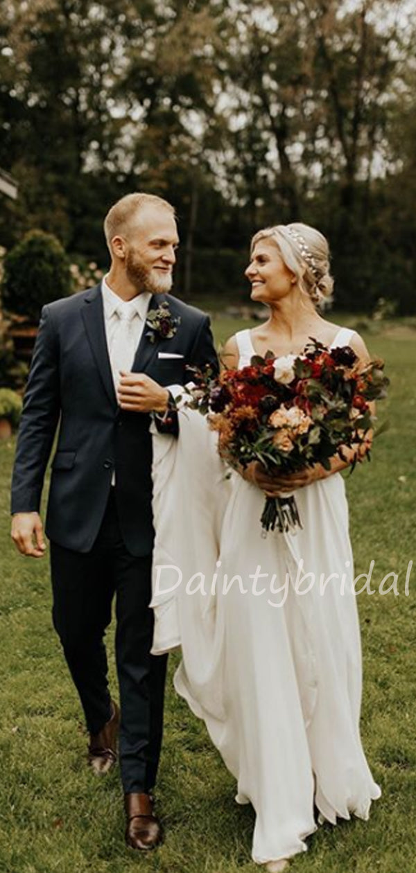 Novos vestidos de noiva compridos em chiffon com decote em V e corte A, duas peças. DB10476