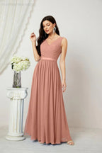 Abito da Sera Donna in Chiffon Lungo per Damigelle, Scollato, Senza Maniche, Linea A, per Feste Serali, Ballo di Fine Anno e Homecoming, Modello 2808