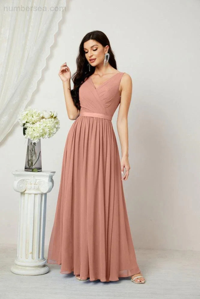 Abito da Sera Donna in Chiffon Lungo per Damigelle, Scollato, Senza Maniche, Linea A, per Feste Serali, Ballo di Fine Anno e Homecoming, Modello 2808