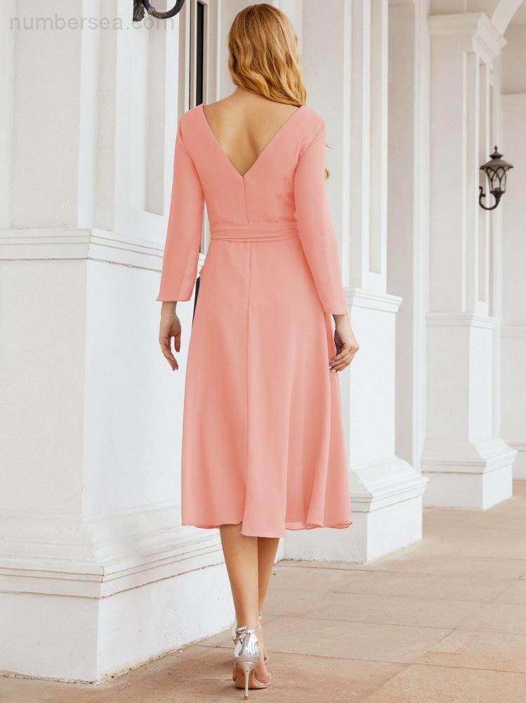 Vestido de madrinha com decote em V e cinto para mãe da noiva e convidada de casamento 28031 