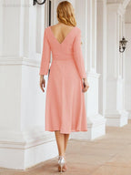 Vestido de madrinha com decote em V e cinto para mãe da noiva e convidada de casamento 28031 