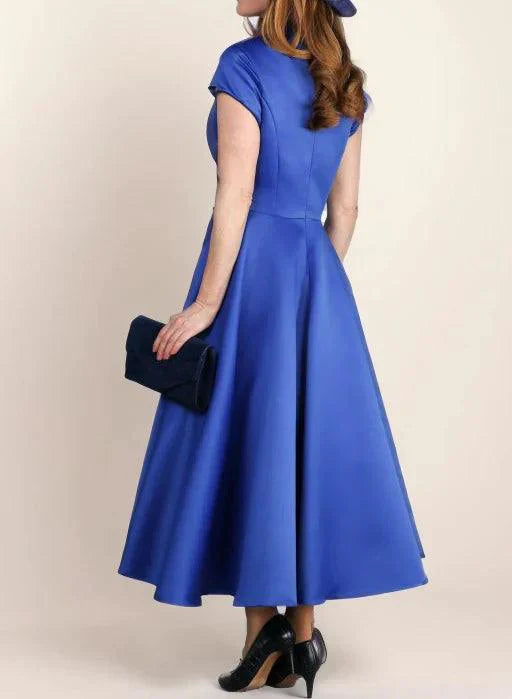 Vestidos para a mãe da noiva, corte princesa, decote em V, manga curta, comprimento até ao tornozelo