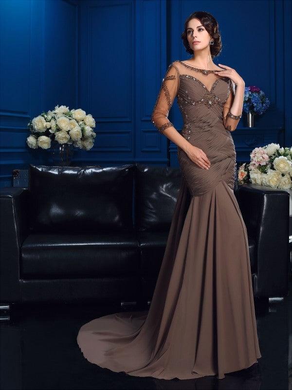 Vestidos compridos de chiffon para mãe da noiva, com decote em V e mangas 3/4, decote em U e missangas