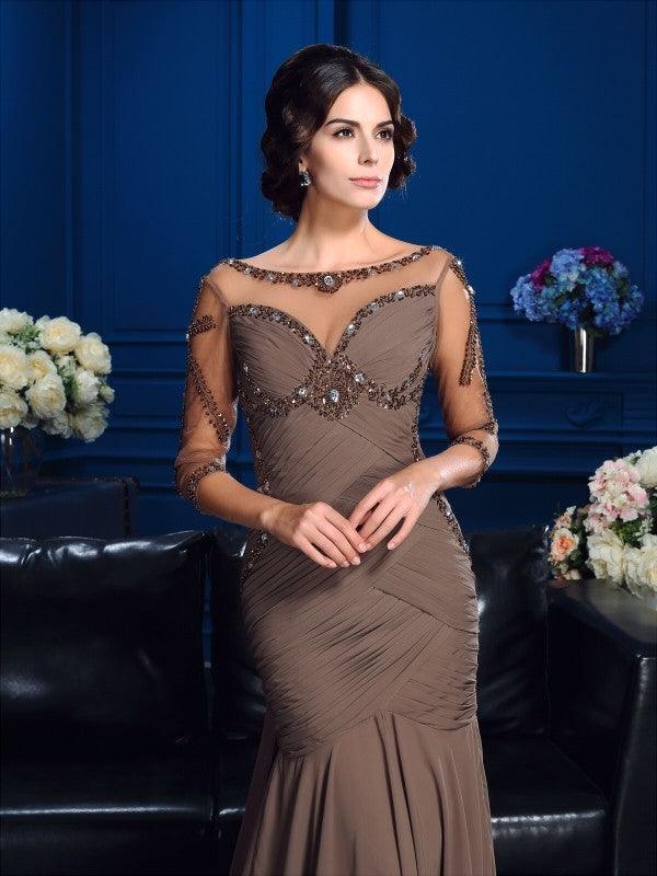 Vestidos compridos de chiffon para mãe da noiva, com decote em V e mangas 3/4, decote em U e missangas