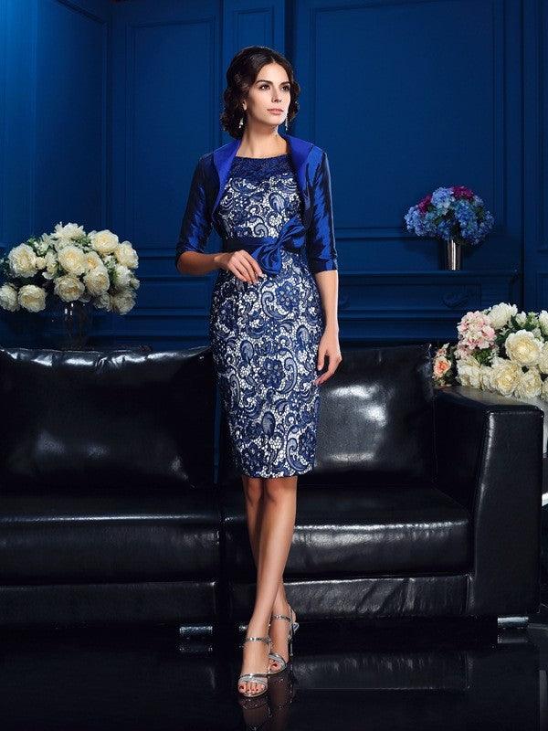 Vestidos curtos de mãe da noiva em tafetá, com decote em V e mangas 1/2, decote em U e laço