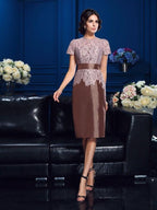 Sheath/Column Jewel Lace Short Sleeves Short Taffeta Mother of the Bride Dresses