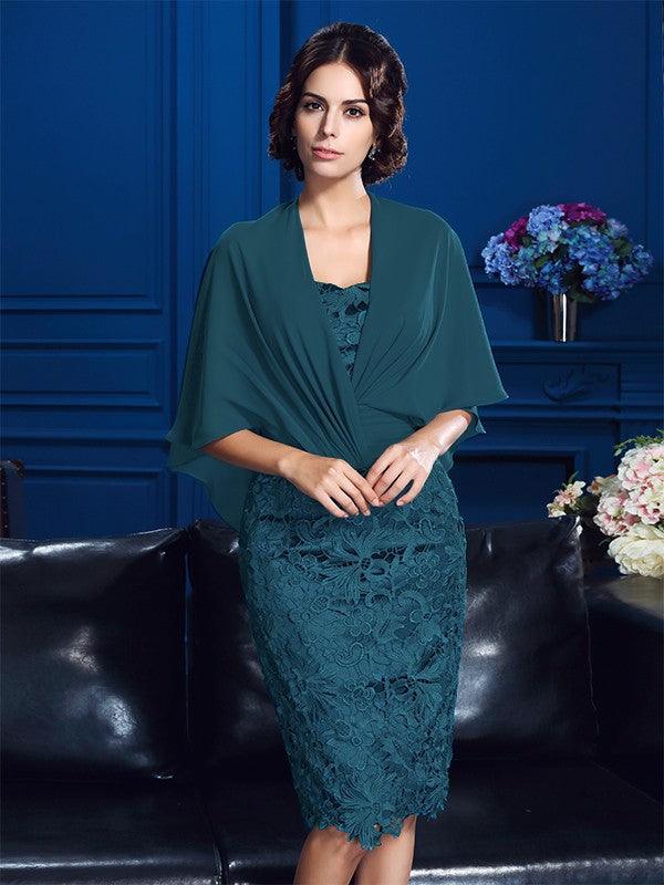 Vestidos curtos de renda com bainha/coluna, sem alças, em renda, com mangas 1/2, para mãe da noiva