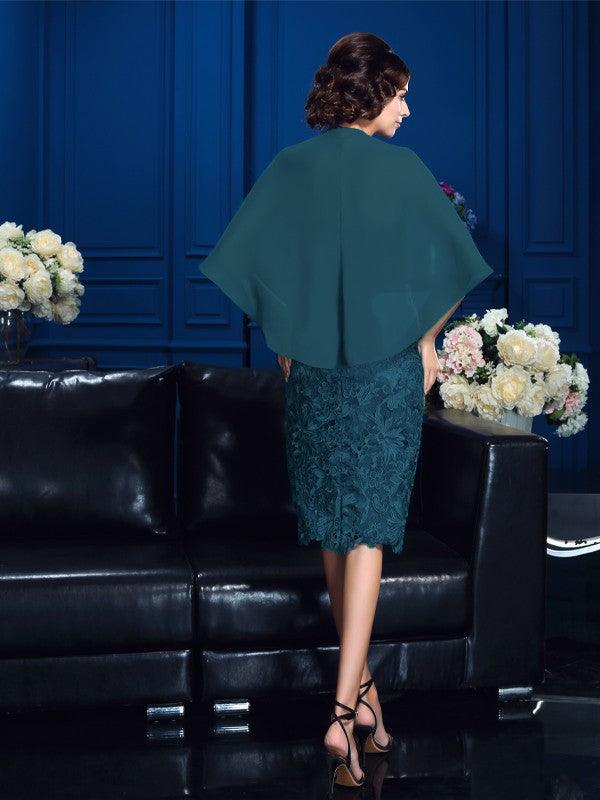 Vestidos curtos de renda com bainha/coluna, sem alças, em renda, com mangas 1/2, para mãe da noiva