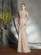 Vestidos compridos em chiffon para mãe da noiva, decote em V, mangas 3/4 e bainha/coluna