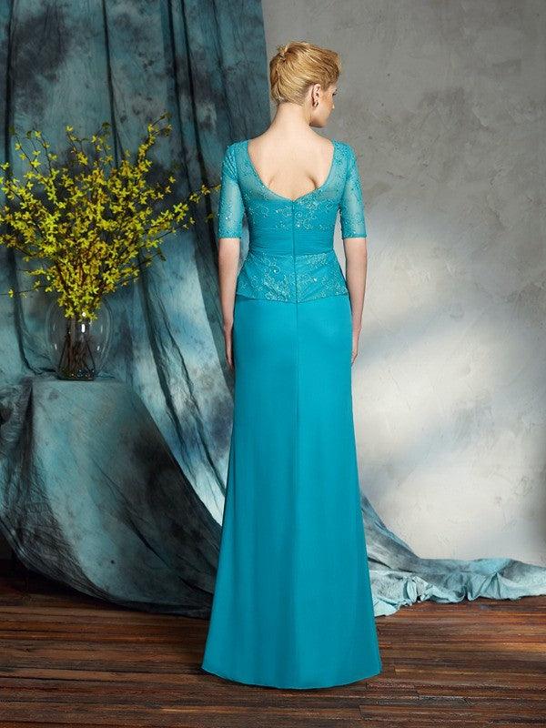 Vestidos compridos em chiffon para mãe da noiva, bainha/coluna, aplicações barco, mangas 1/2