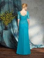 Vestidos compridos em chiffon para mãe da noiva, bainha/coluna, aplicações barco, mangas 1/2