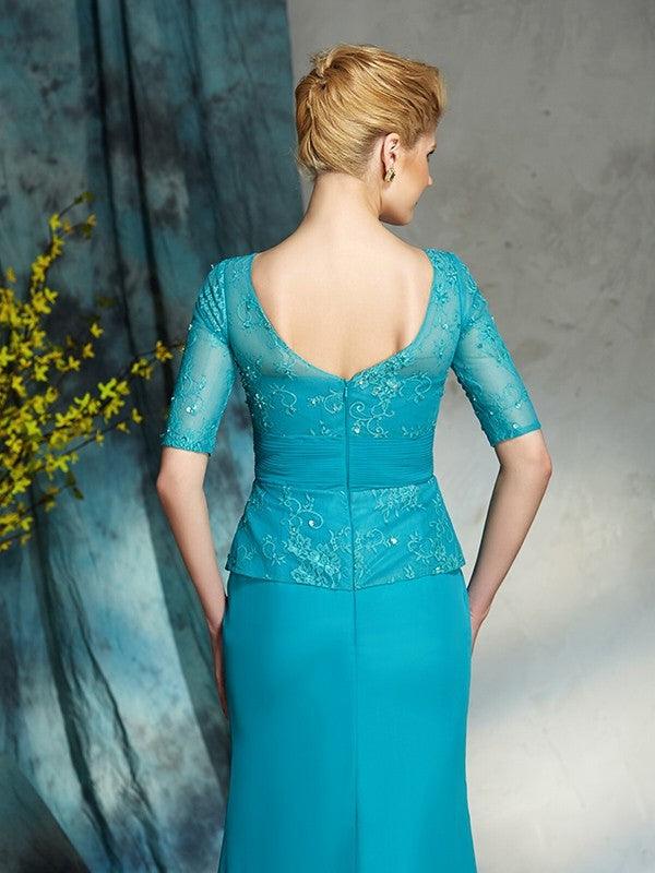 Vestidos compridos em chiffon para mãe da noiva, bainha/coluna, aplicações barco, mangas 1/2