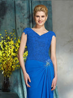 Etui-Linie V-Ausschnitt Spitze Kurze Ärmel Lang Chiffon Brautmutterkleider