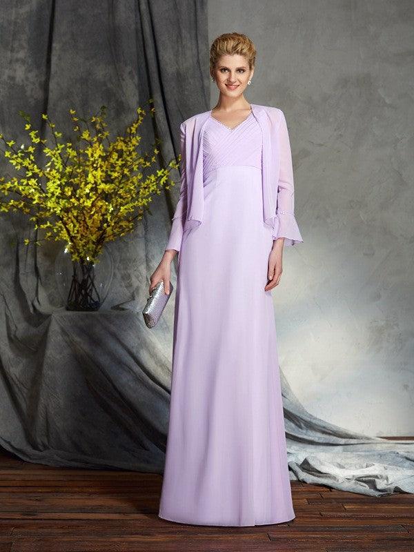 Vestidos compridos em chiffon para mãe da noiva, com decote em V e aplicações, sem mangas, com bainha/coluna