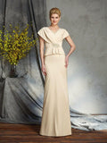Abito da Sposa per la Madre in Raso Tipo Seta Lungo con Scollo a V, Maniche Corte, Decorazioni, Foderino/Colonna