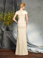 Vestidos de mãe da noiva com decote em V, manga curta, comprido, em cetim tipo seda, com aplicações de missangas