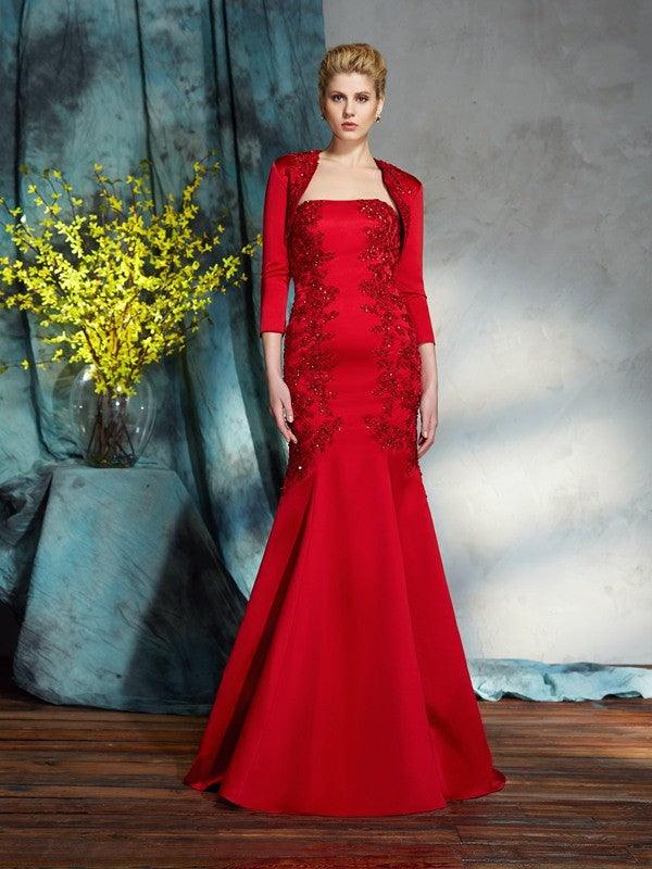 Vestidos compridos em cetim para mãe da noiva, estilo trompete/sereia, sem alças, sem mangas e com aplicações