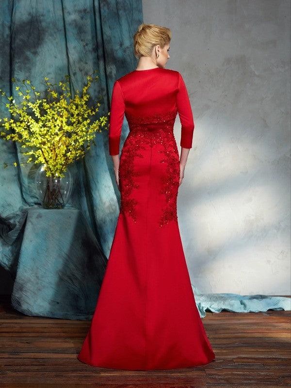 Vestidos compridos em cetim para mãe da noiva, estilo trompete/sereia, sem alças, sem mangas e com aplicações