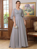 Kleider für die Brautmutter A-Linie Prinzessin Chiffon Applikation V-Ausschnitt 1/2 Ärmel Bodenlang