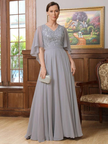 Kleider für die Brautmutter A-Linie Prinzessin Chiffon Applikation V-Ausschnitt 1/2 Ärmel Bodenlang