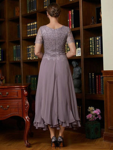 Kleider für die Brautmutter A-Linie Prinzessin Chiffon Spitze Kurze Ärmel Knöchellang