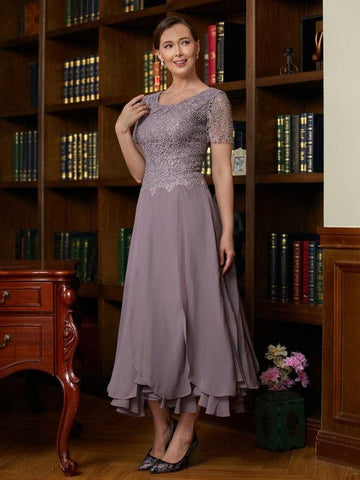 Kleider für die Brautmutter A-Linie Prinzessin Chiffon Spitze Kurze Ärmel Knöchellang