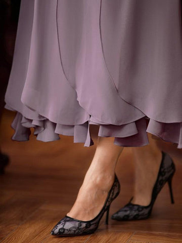 Kleider für die Brautmutter A-Linie Prinzessin Chiffon Spitze Kurze Ärmel Knöchellang