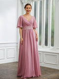 Abiti per la Madre della Sposa A-Line Chiffon Arricciato Scollo a V Maniche Mezza Lunghezza al Pavimento