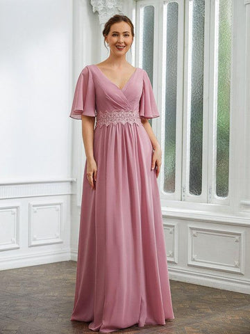 Kleider für die Brautmutter A-Linie Chiffon Gerüscht V-Ausschnitt 1/2 Ärmel Bodenlang