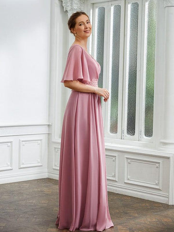 Kleider für die Brautmutter A-Linie Chiffon Gerüscht V-Ausschnitt 1/2 Ärmel Bodenlang