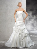 Abito da Sposa in Satin Lungo Senza Maniche con Piega a Fodera/Colonna e Senza Spalline
