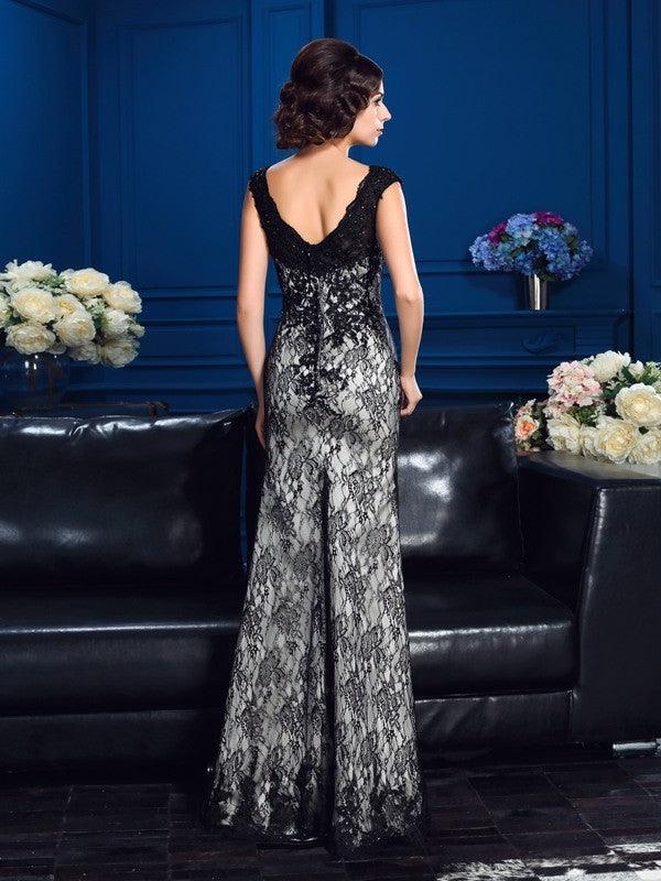 Vestidos compridos de cetim para mãe da noiva, com decote em V e renda, sem mangas, com bainha/coluna