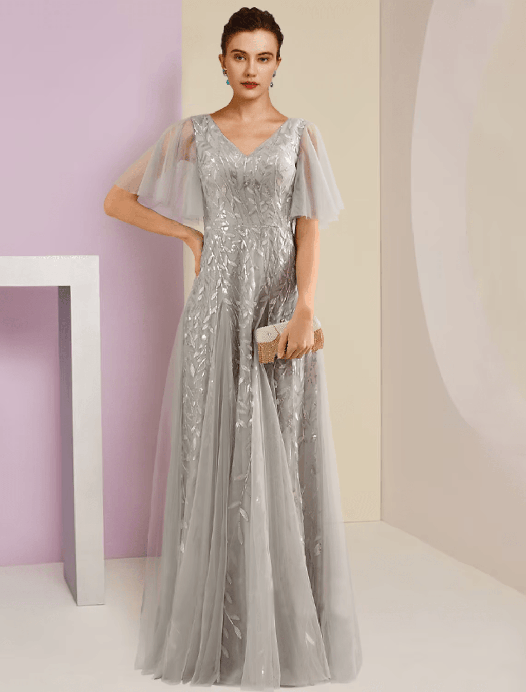 Vestido de festa para mãe da noiva, com brilho e decote em V, comprimento até ao chão, renda, tule, manga curta com pregas e lantejoulas