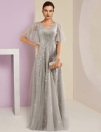 Vestido de festa para mãe da noiva, com brilho e decote em V, comprimento até ao chão, renda, tule, manga curta com pregas e lantejoulas