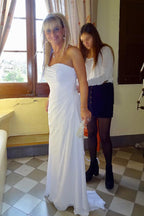 Vestido de noiva estilo coração em chiffon com cauda longa e folhos, MW129 