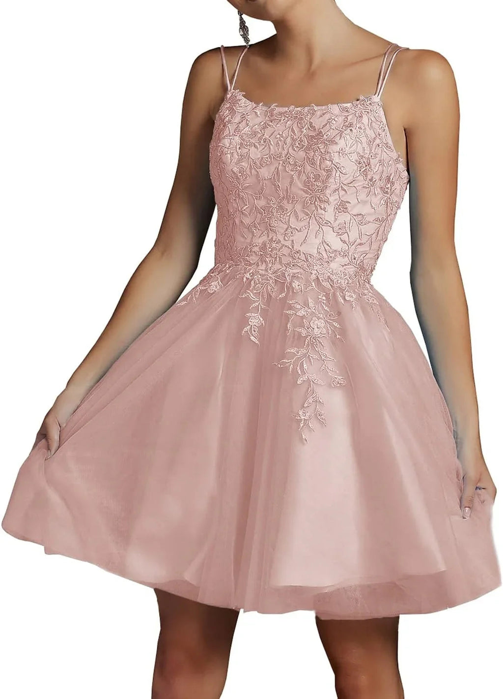 Züchtiges Spitze Perlen Tüll Homecoming Kleider Kurzes Quadrat-Ausschnitt Prom Kleid Spaghetti-Träger Party Kleid